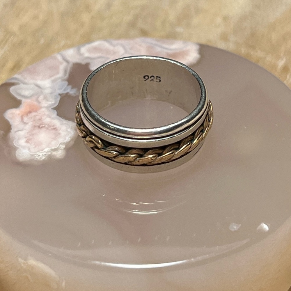 Two-tone Rope Braided 925 Sterling Silver Spinner Ring - Picture 5 of 8